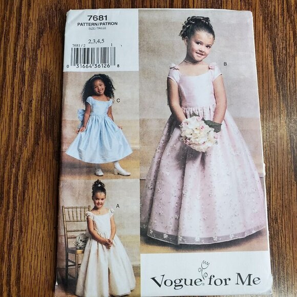 00s Vogue Pattern 7681 Girls Formal Fit Flare Gown Cap Sleeve 2 3 4 5 - Picture 1 of 6